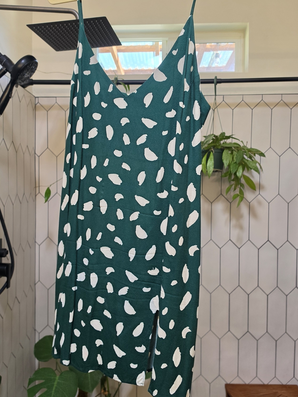 Reformation Teal Green Slip Dress with White Spot Print